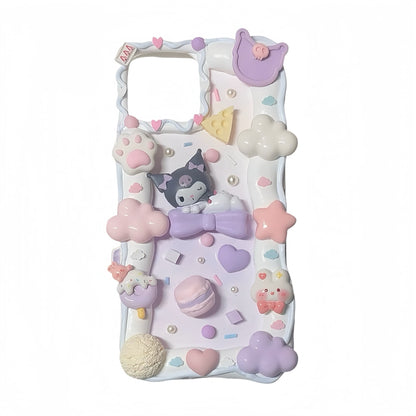 Purple handmade decoden phone case featuring Kuromi and Melody cream glue embellishments with cute accessories