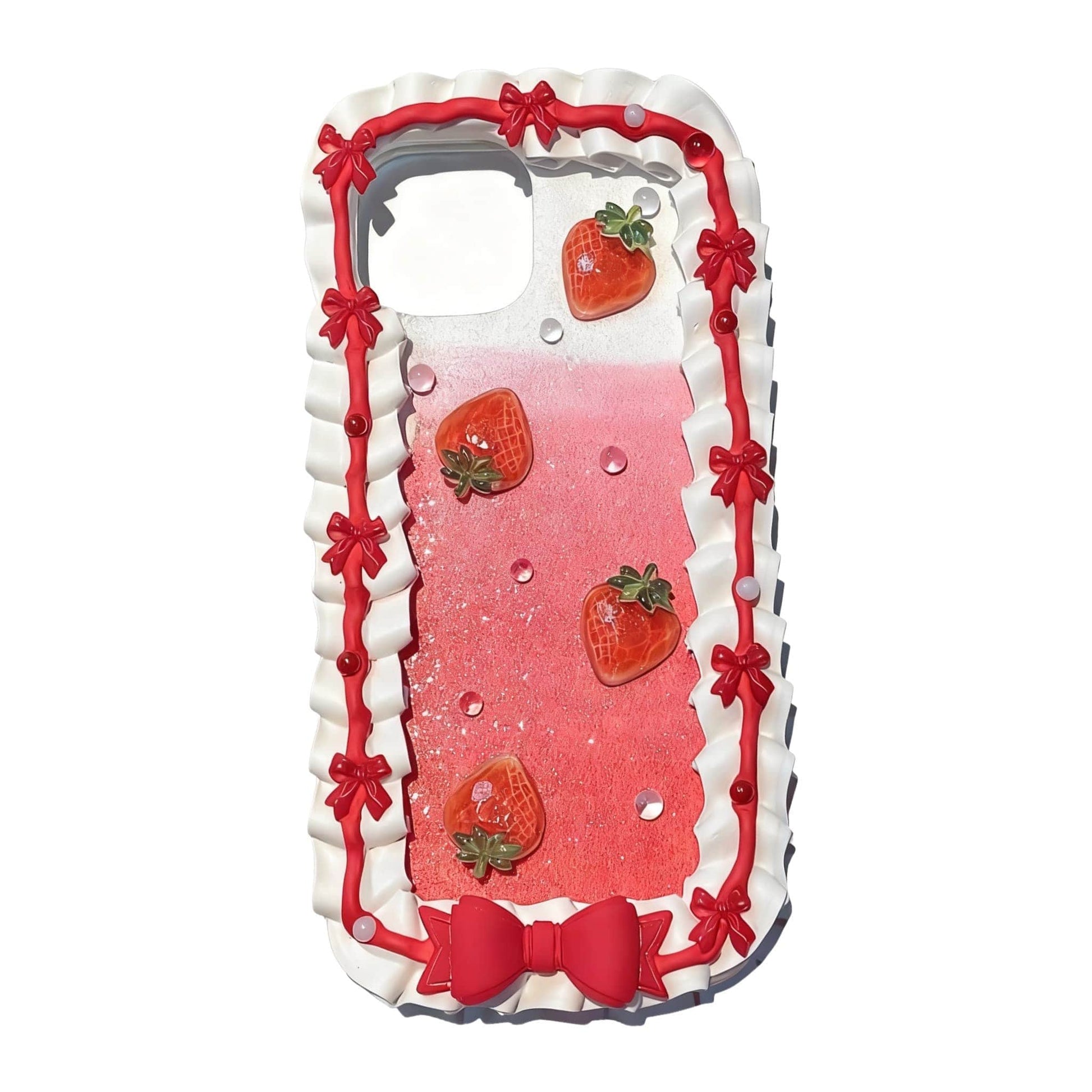 Close-up of red decoden phone case showing handcrafted cream glue texture and luxe decorative details