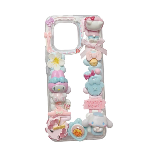 Handmade Y2K Sanrio decoden phone case with kawaii cream glue design and colorful character charms