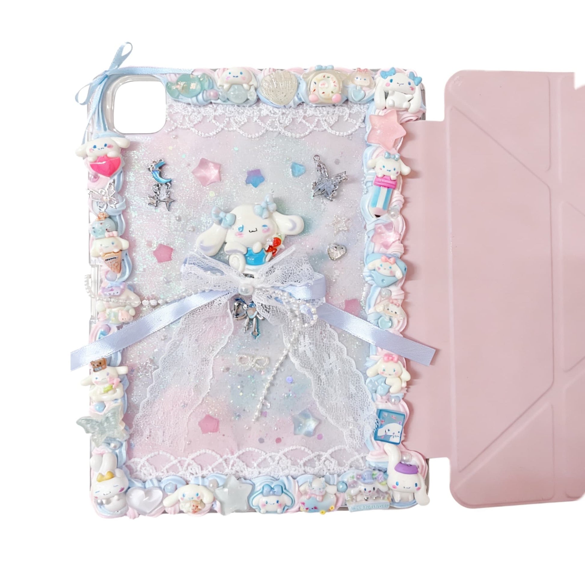Sanrio themed decoden iPad protective cover with handmade cream glue embellishments