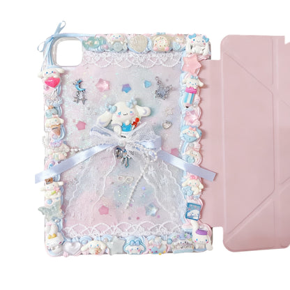 Sanrio themed decoden iPad protective cover with handmade cream glue embellishments