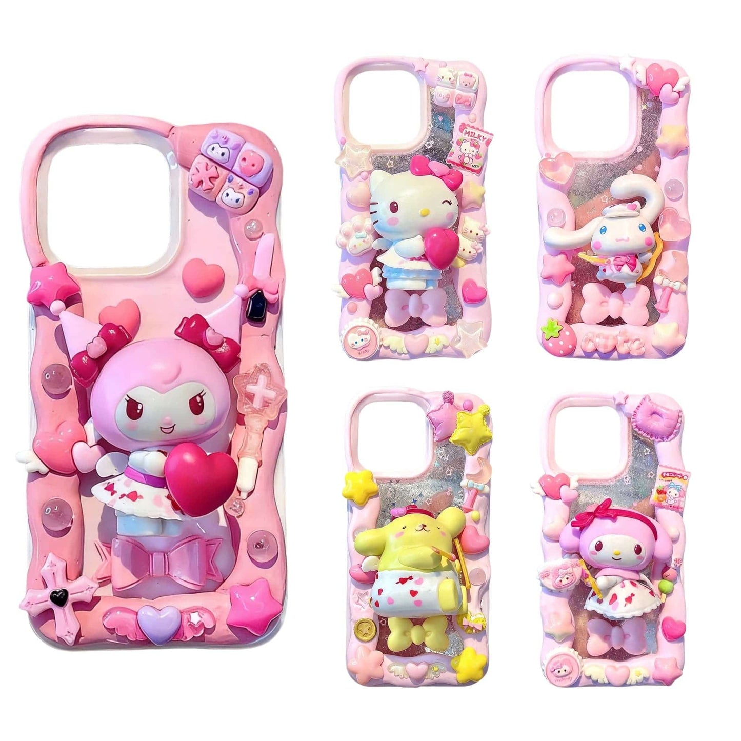 Handmade 3D Sanrio decoden phone case with cream glue design featuring kawaii characters and pastel decorations