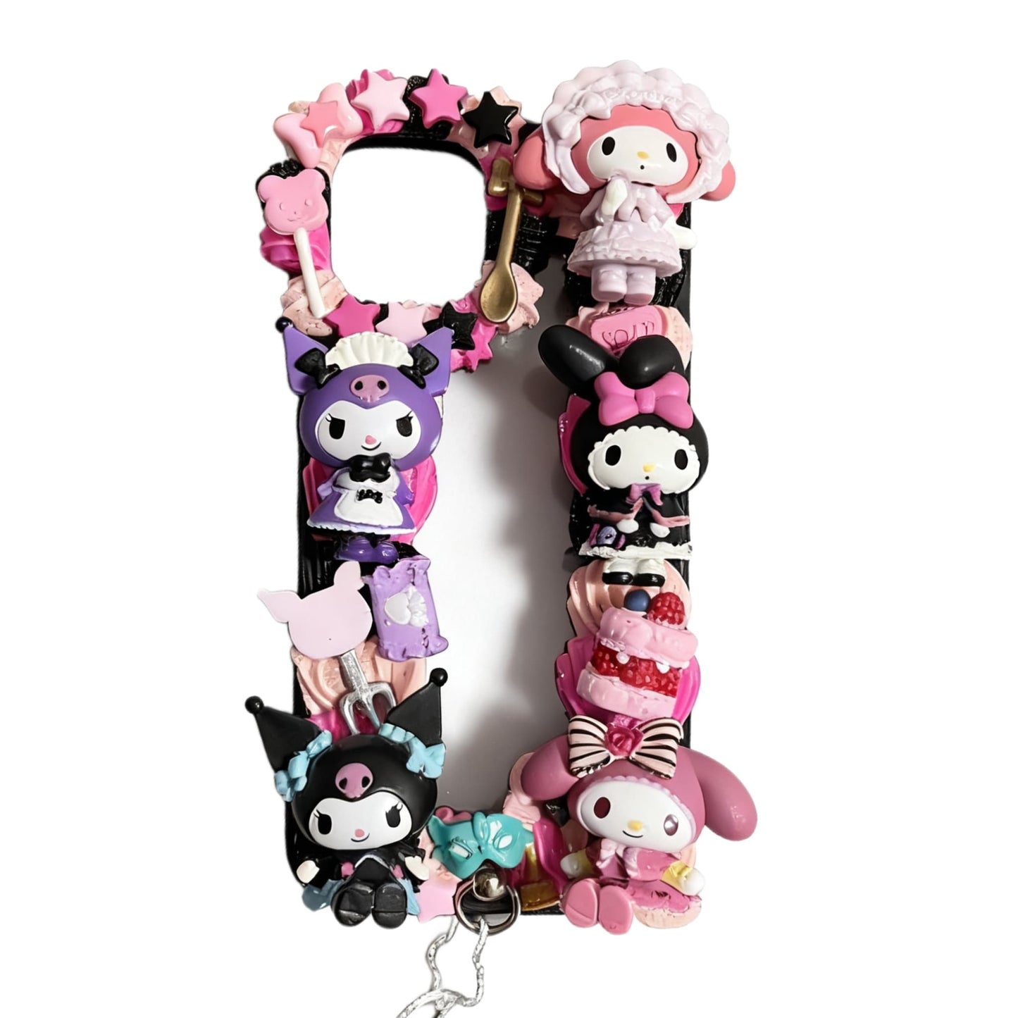 Black Sanrio decoden phone case with handmade 3D cream glue design and kawaii baroque embellishments