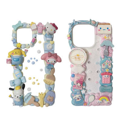 Handmade pastel blue Sanrio decoden phone case with 3D cream glue design featuring kawaii characters and baroque embellishments