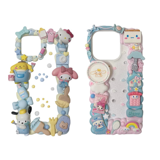 Handmade pastel blue Sanrio decoden phone case with 3D cream glue design featuring kawaii characters and baroque embellishments