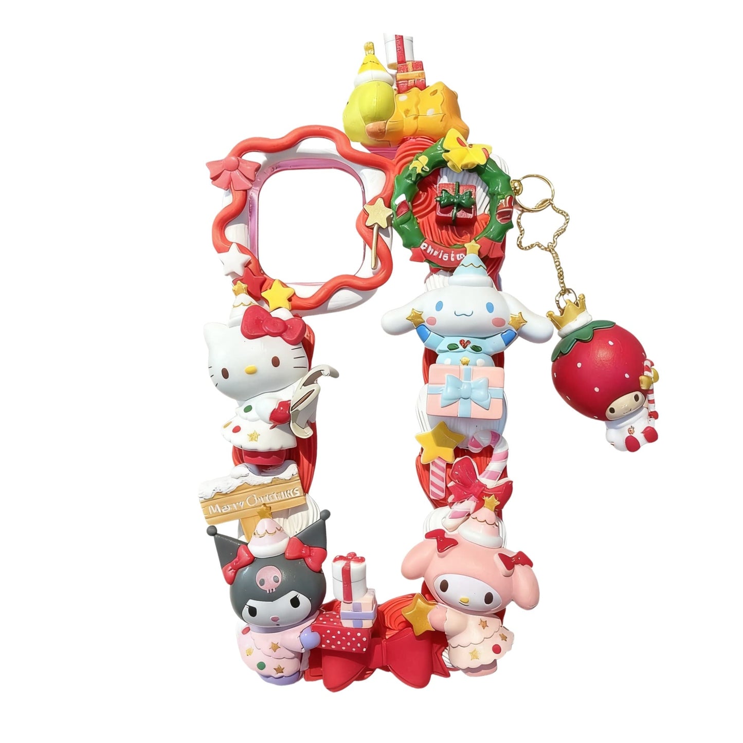 Handmade Christmas decoden phone case with Sanrio-inspired kawaii characters, featuring festive red and white cream glue design with baroque pearl embellishments