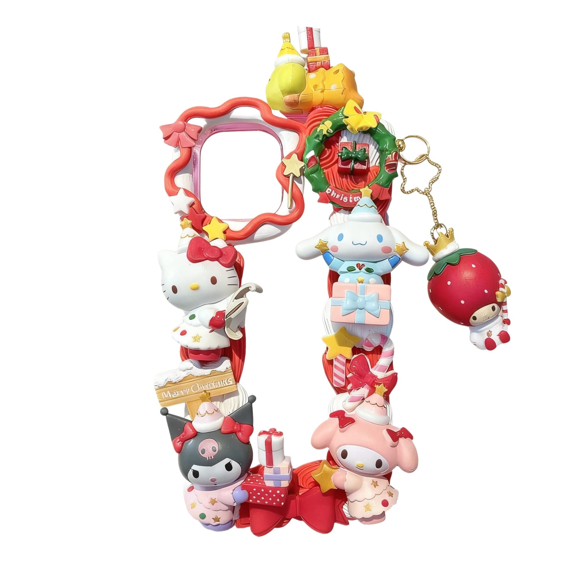 Handmade Christmas decoden phone case with Sanrio-inspired kawaii characters, featuring festive red and white cream glue design with baroque pearl embellishments