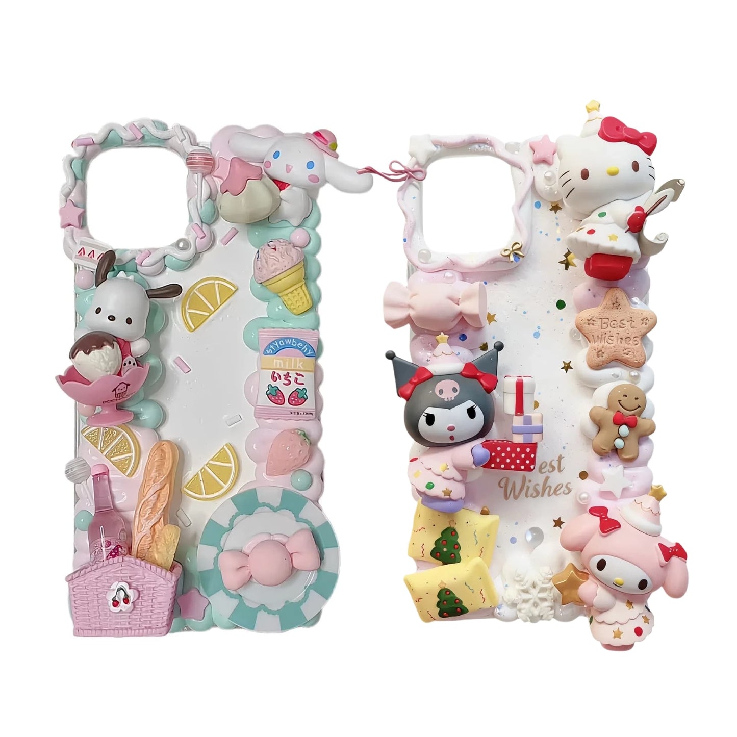 Handmade baroque decoden phone case in mint green featuring 3D Sanrio characters with cream glue embellishments and pearl details