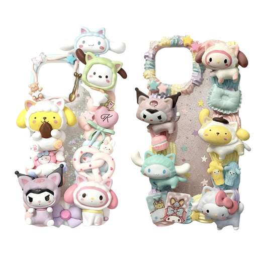 Sanrio custom decoden phone case with handmade whipped cream glue design and cute character charms