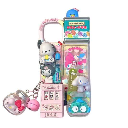 Handmade custom decoden phone case with Sanrio-inspired characters and cream glue kawaii embellishments