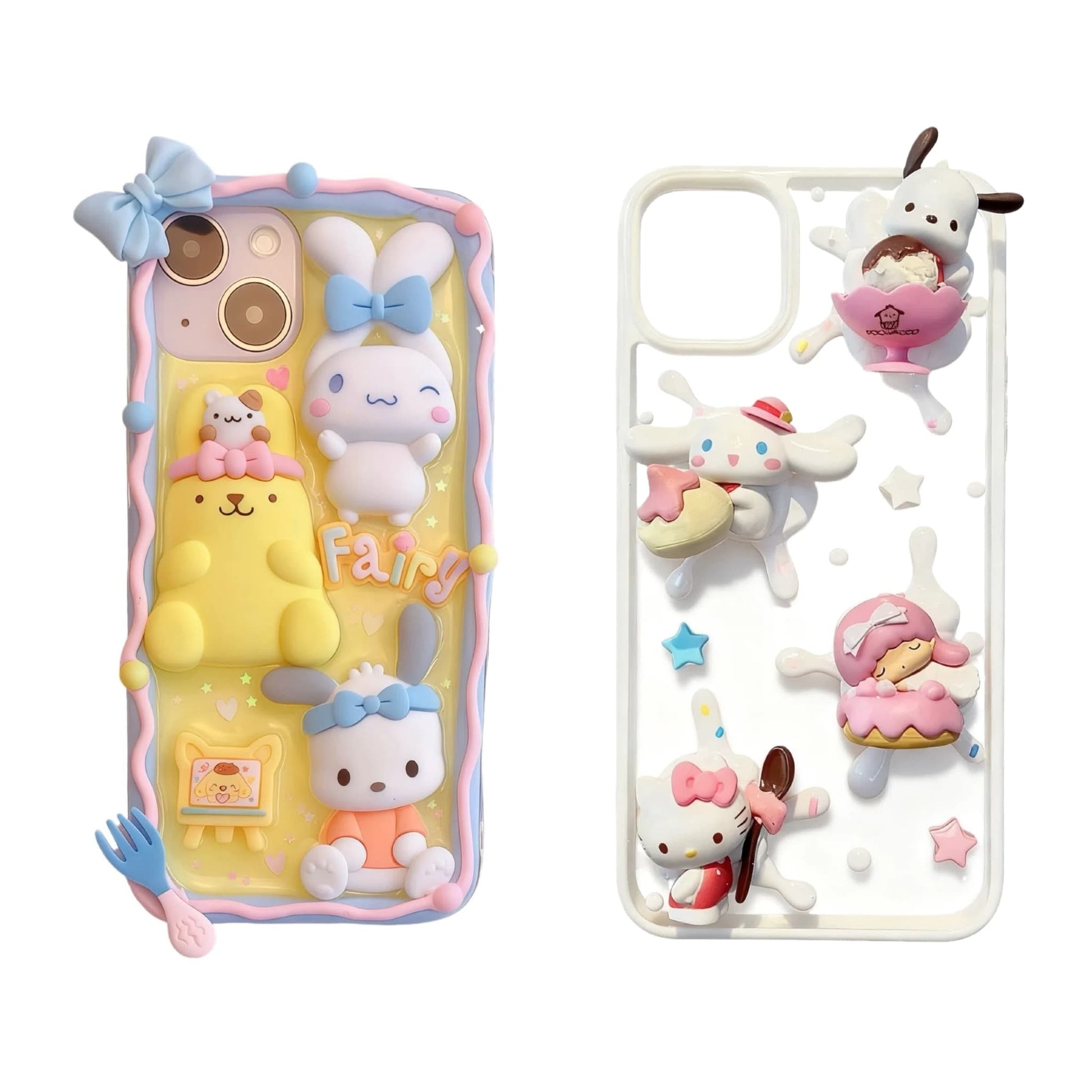 Premium handmade decoden phone case showcasing bling-style 3D Sanrio characters with intricate cream glue work and kawaii aesthetic details