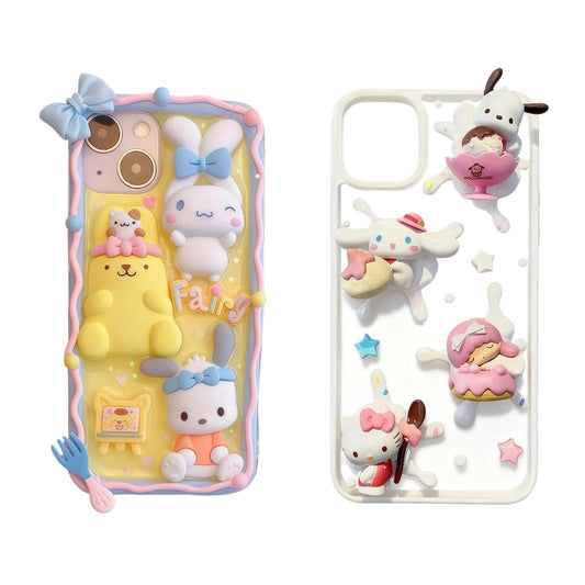 Premium handmade decoden phone case showcasing bling-style 3D Sanrio characters with intricate cream glue work and kawaii aesthetic details