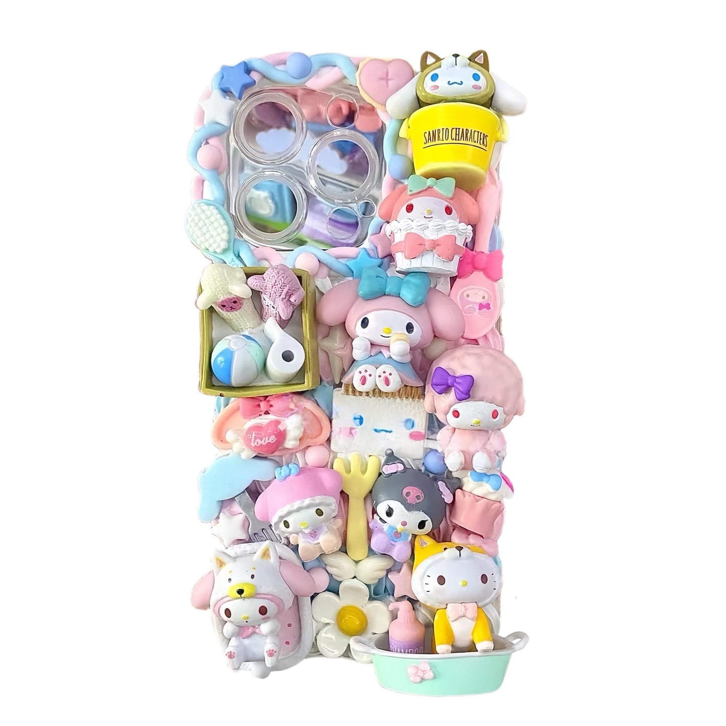 Handmade Y2K Sanrio decoden phone case with 3D cream glue design featuring kawaii characters and colorful baroque embellishments