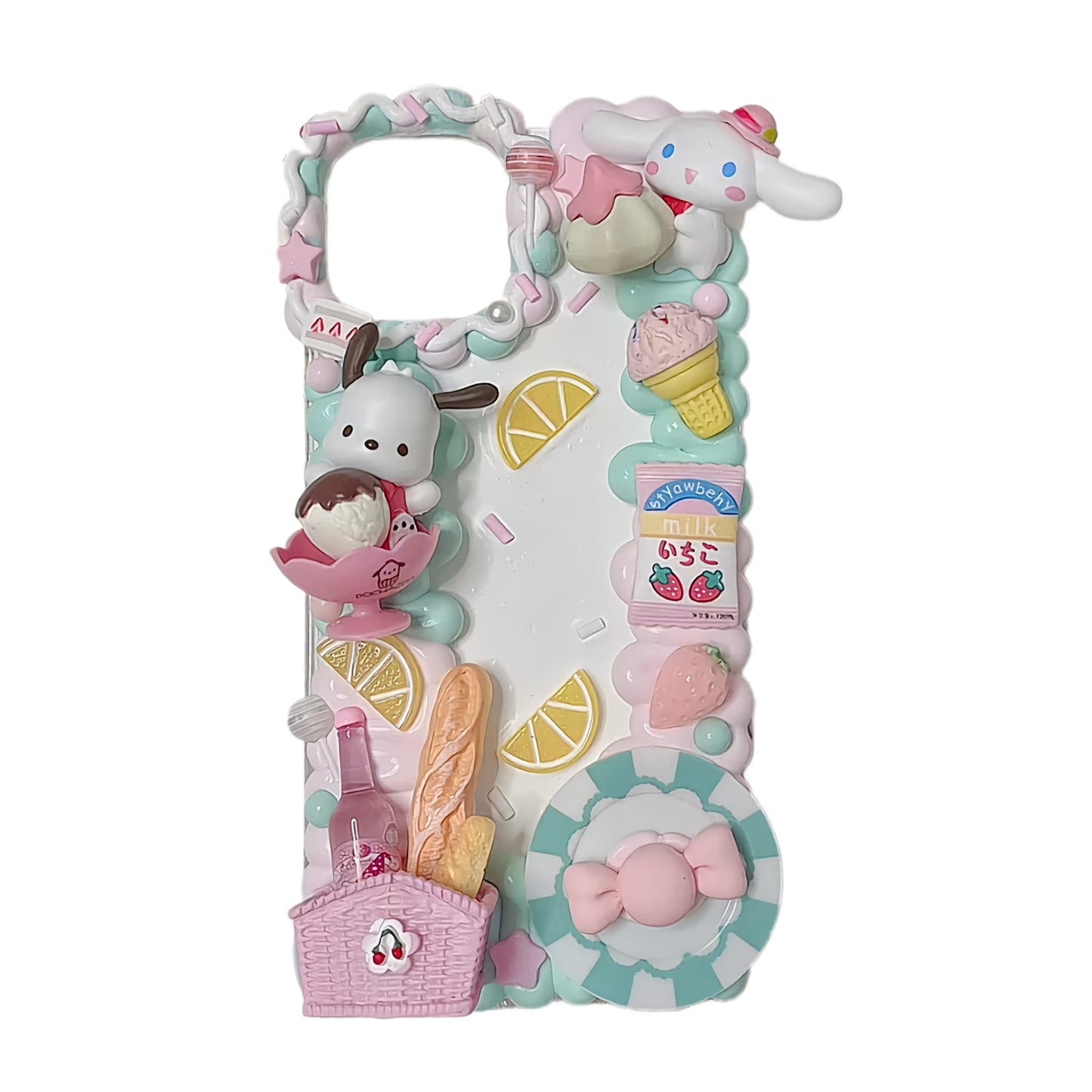 Luxury white baroque decoden phone case with 3D Sanrio character design, cream glue decorations, and ornate pearl accents