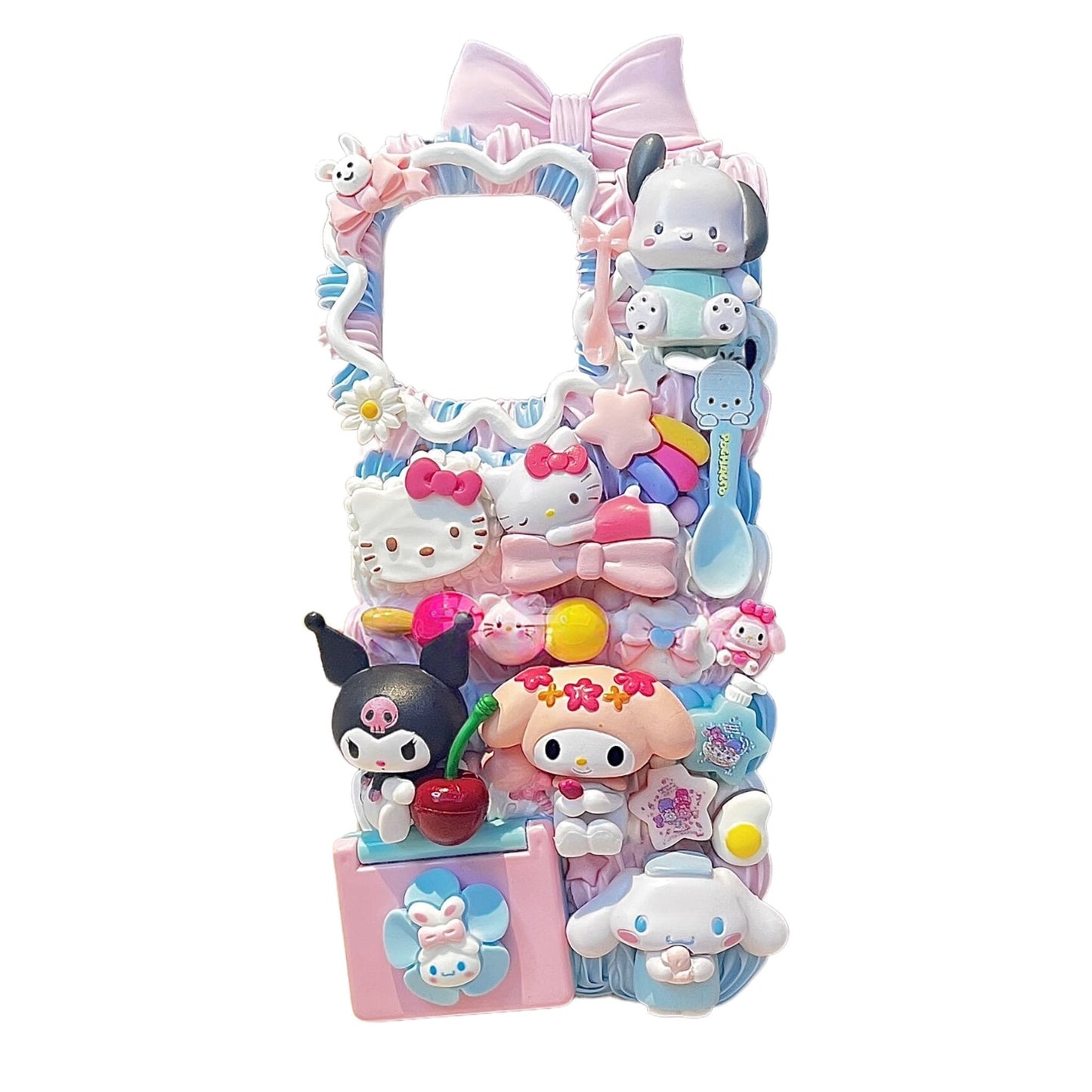 handcrafted Sanrio decoden phone case showcasing intricate 3D cream glue texture and Y2K aesthetic details