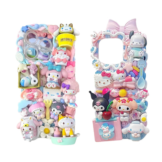 Kawaii Sanrio decoden phone case with handmade 3D decorations, cream glue design, and Y2K inspired charm elements