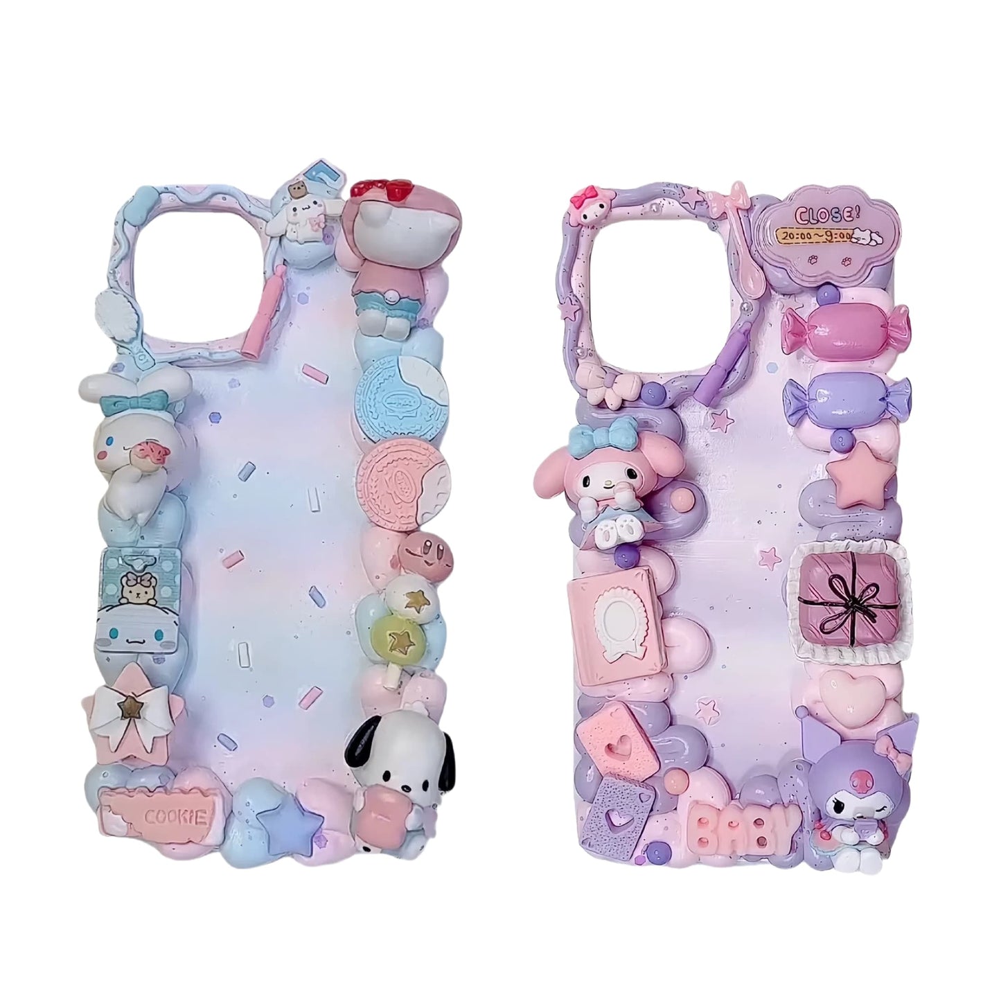 Handmade purple Sanrio decoden phone case with Y2K aesthetic, 3D cream glue design, and kawaii character embellishments
