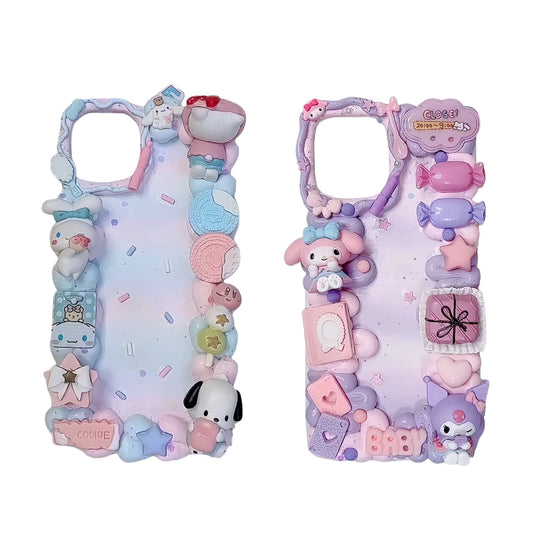Handmade purple Sanrio decoden phone case with Y2K aesthetic, 3D cream glue design, and kawaii character embellishments