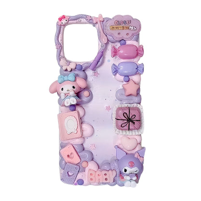 Close-up of purple Sanrio decoden phone case showcasing intricate handmade 3D cream glue details and baroque charm elements