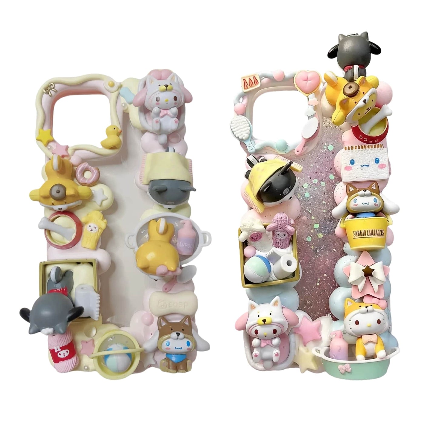 Handmade baroque decoden phone case with 3D Sanrio characters, whipped cream texture, and pastel spa theme design