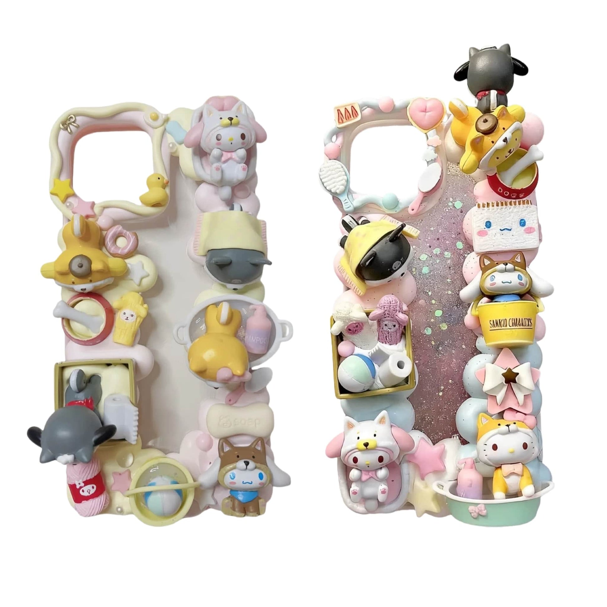 Handmade baroque decoden phone case with 3D Sanrio characters, whipped cream texture, and pastel spa theme design