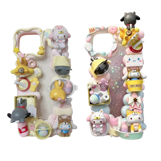 Handmade baroque decoden phone case with 3D Sanrio characters, whipped cream texture, and pastel spa theme design