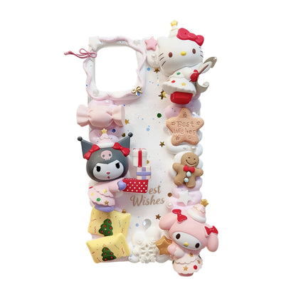 Premium handmade decoden phone case showcasing baroque-style 3D Sanrio characters with intricate cream glue work and Y2K aesthetic details