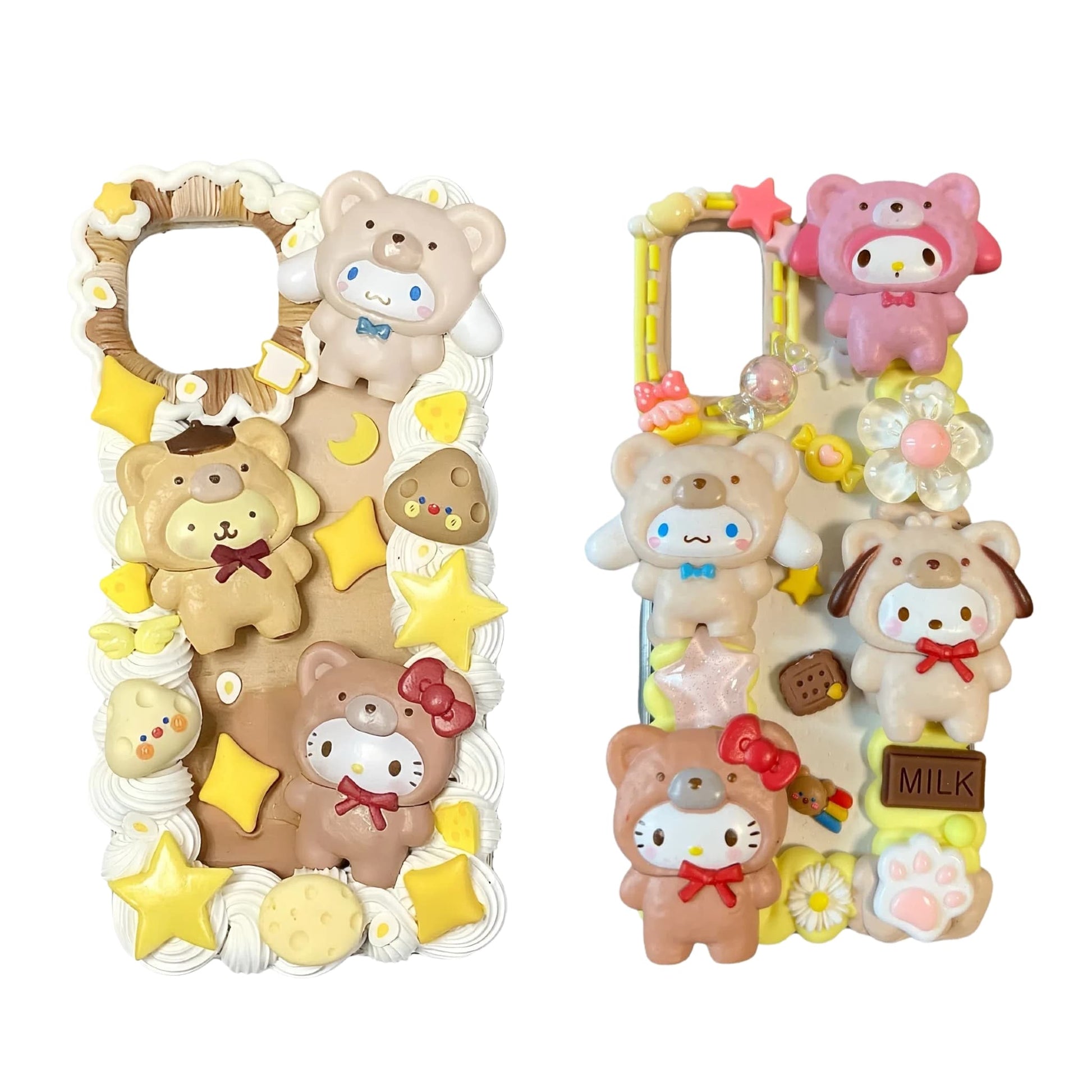 Kawaii yellow Sanrio decoden phone case with handmade 3D elements, cream glue texture, and Japanese-style decorations