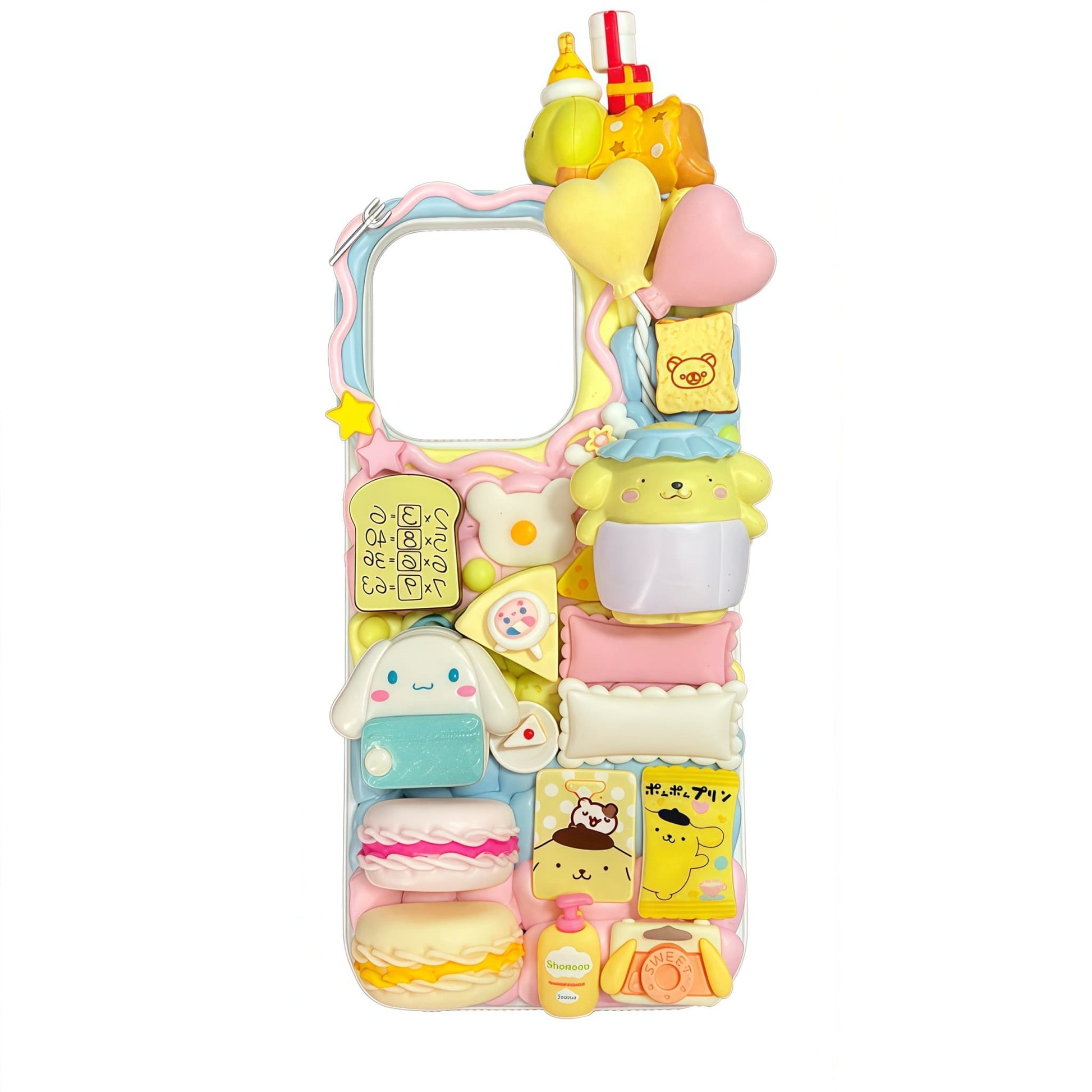 Yellow Sanrio decoden phone case with 3D cream glue embellishments and kawaii charms