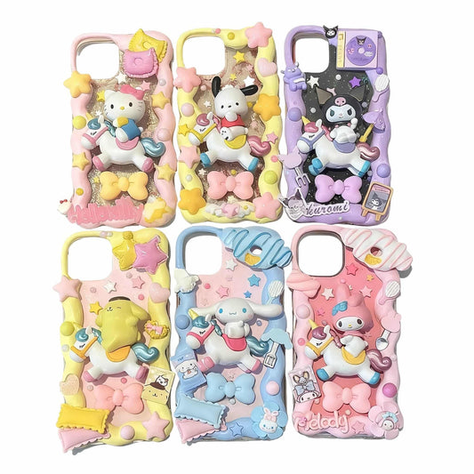 Handmade Sanrio decoden phone case with unicorn cream glue design featuring pastel colors and kawaii characters