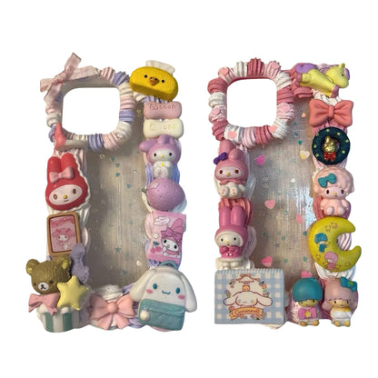 Handmade 3D decoden phone case featuring Sanrio characters with cream glue design in pink and white baroque style