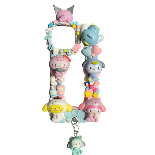 Handmade Y2K Sanrio decoden phone case with baroque cream glue design, featuring luxurious pearl embellishments and kawaii character decorations