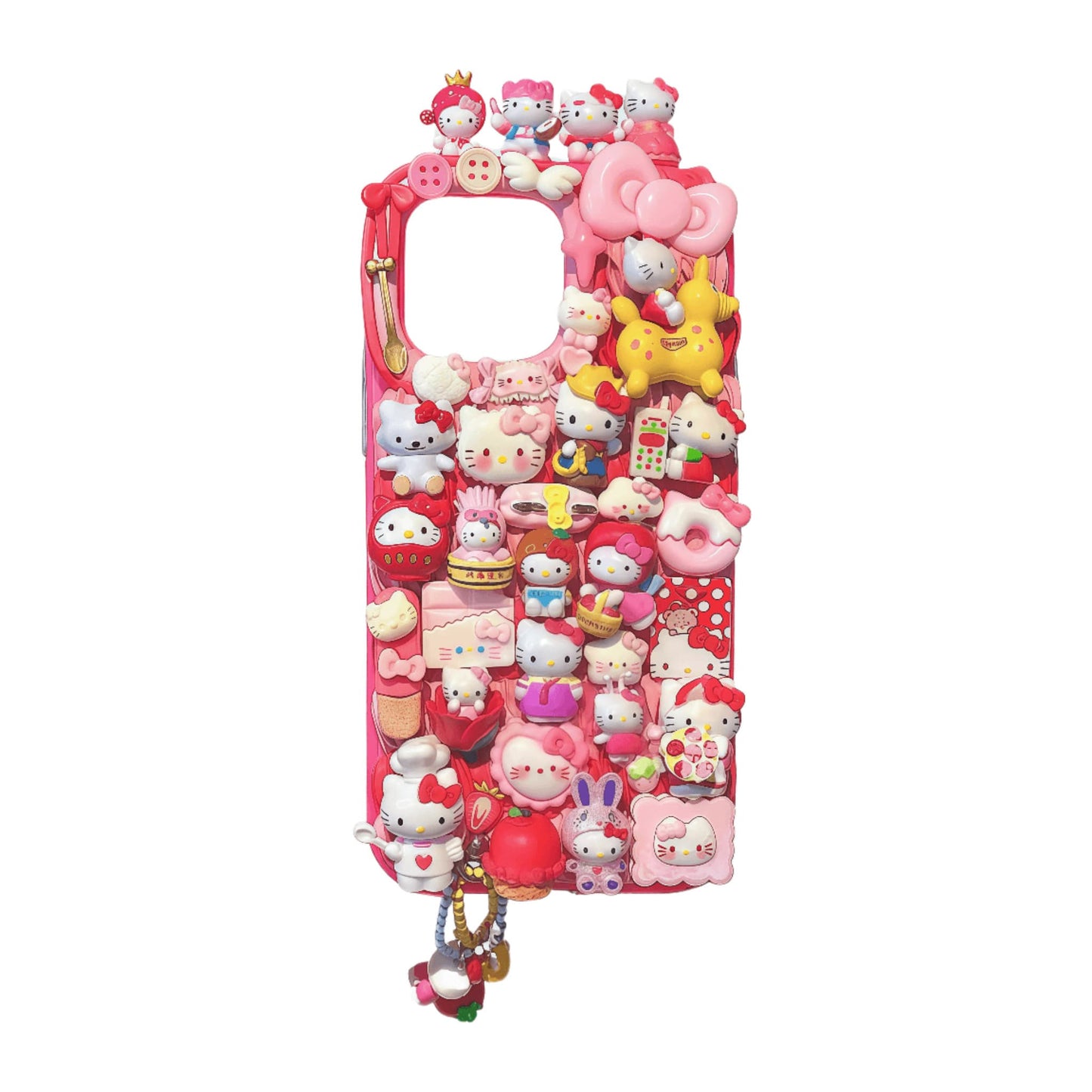 Handmade Sanrio Hello Kitty decoden phone case with red theme, cream glue art and pearl embellishments