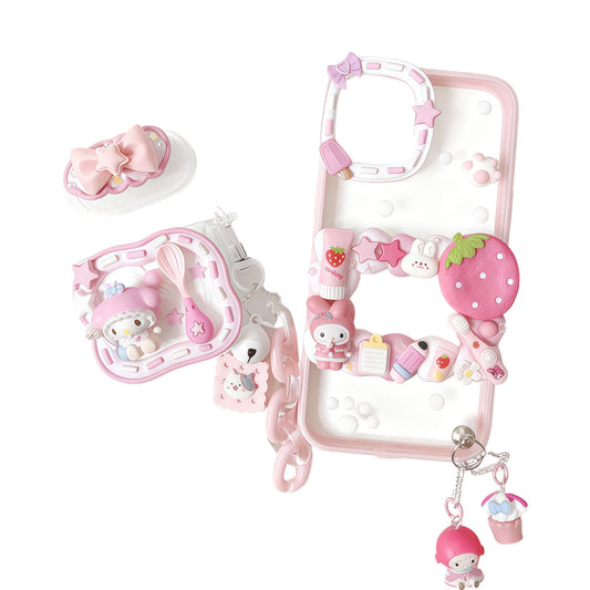 Handmade decoden phone case featuring Sanrio My Melody character with cream glue design, adorned with pearls, rhinestones and kawaii baroque-style decorations