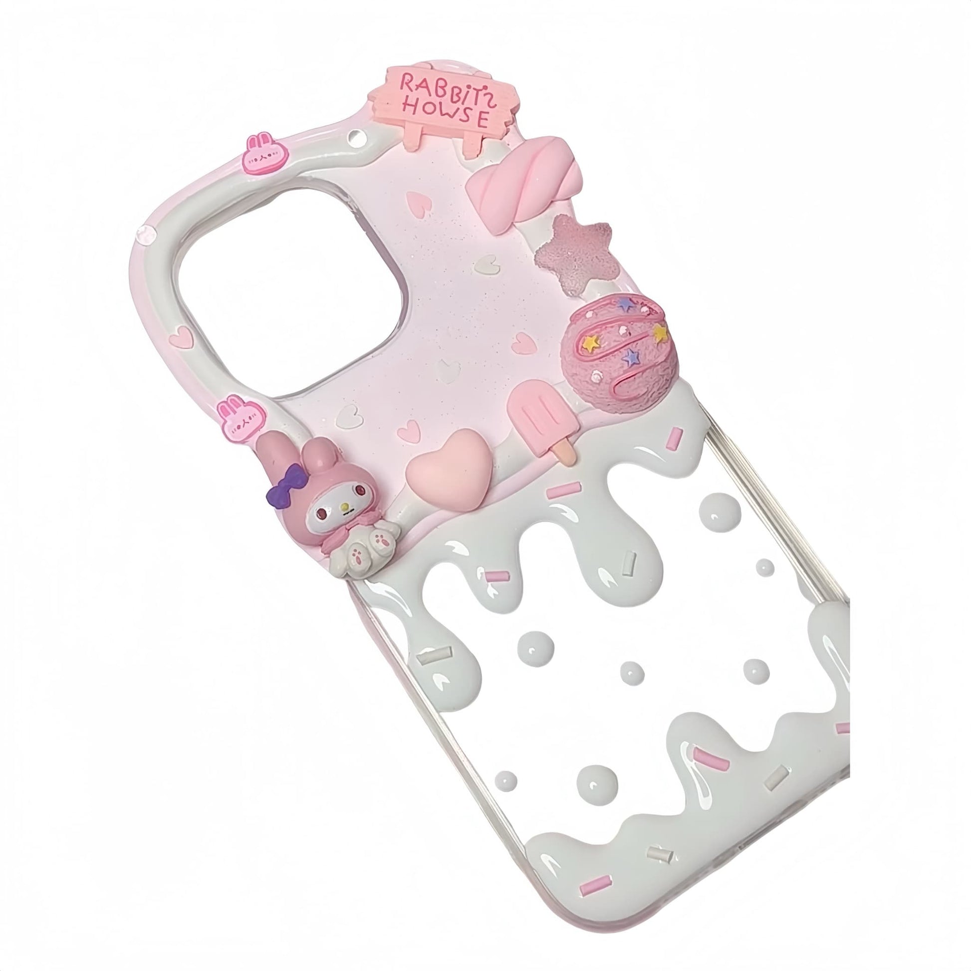 Handmade decoden phone case featuring Sanrio My Melody character with custom cream glue design and kawaii embellishments