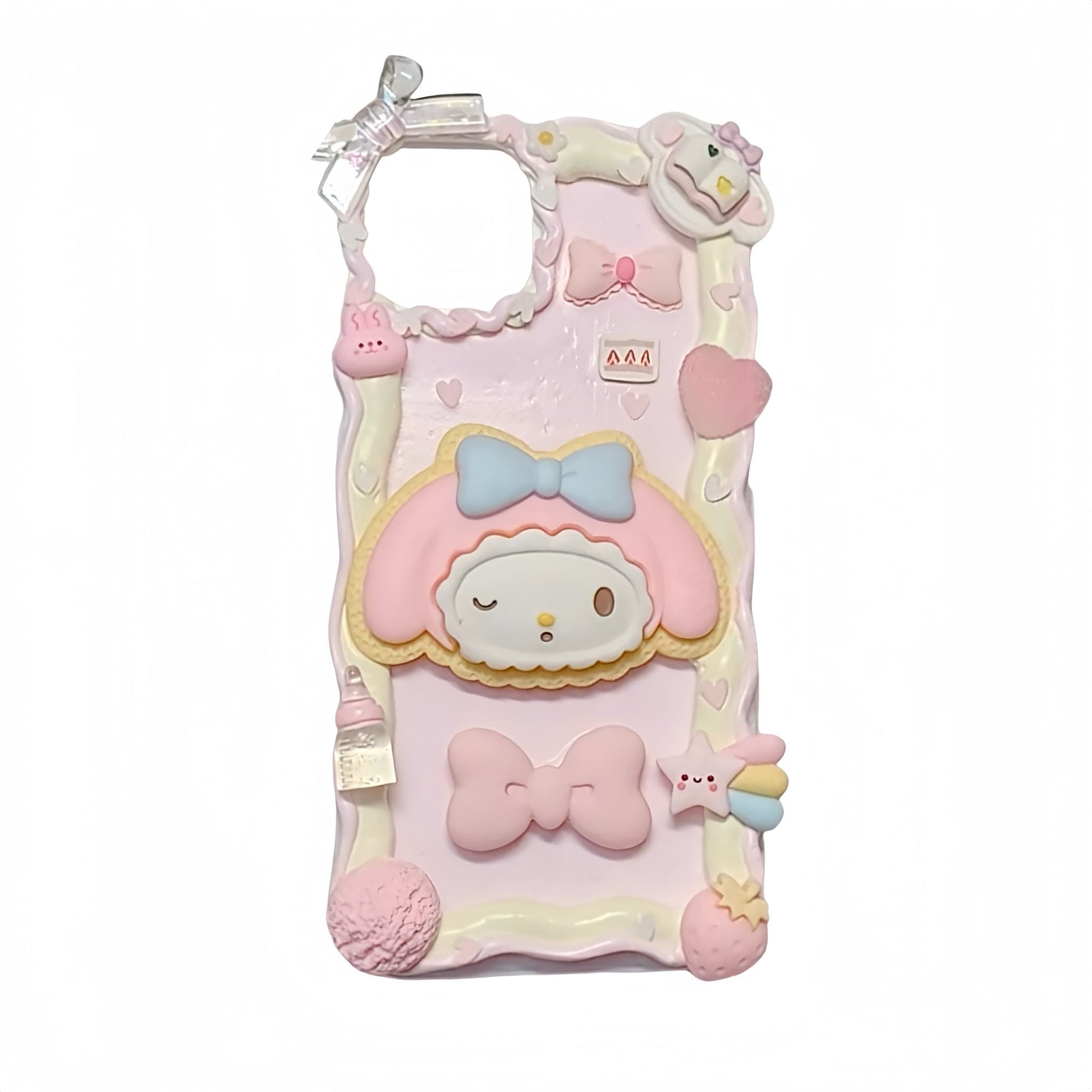 Handmade Sanrio My Melody decoden phone case with DIY cream glue design, pink pearls and kawaii bow decorations
