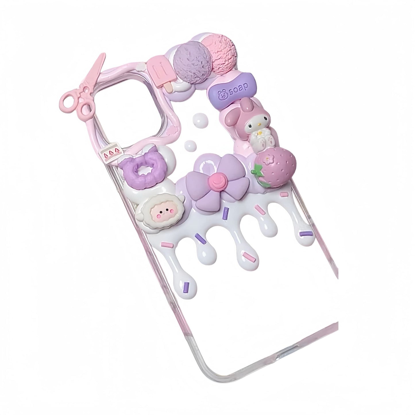 Purple My Melody decoden phone case with whipped cream texture and Sanrio-themed decorative charms