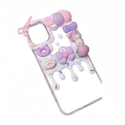 Purple My Melody decoden phone case with whipped cream texture and Sanrio-themed decorative charms