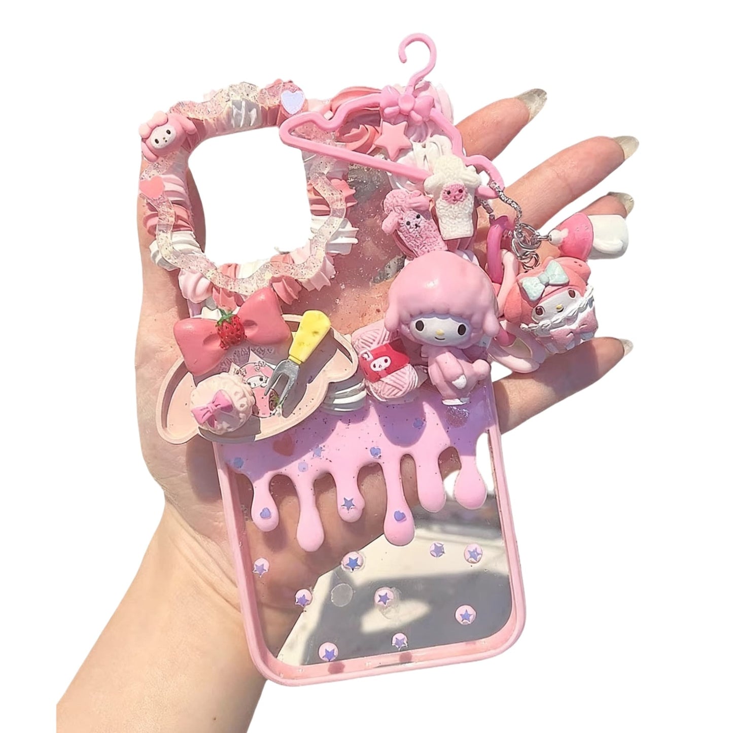 Handmade Sanrio Hello Kitty decoden phone case with piano theme, pink cream glue design and pearl embellishment