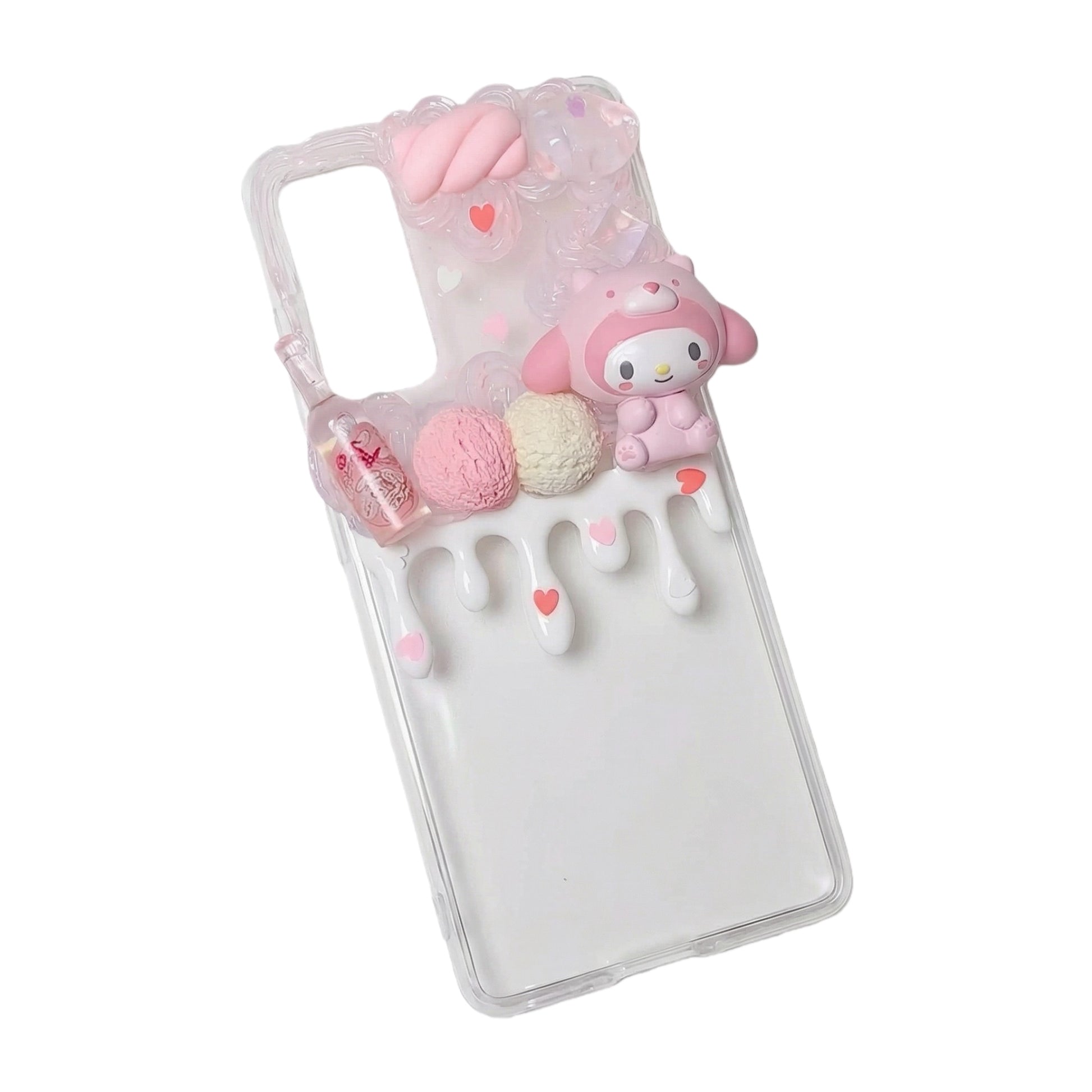 Handmade Sanrio My Melody decoden phone case with kawaii pink cream glue design and piano charms
