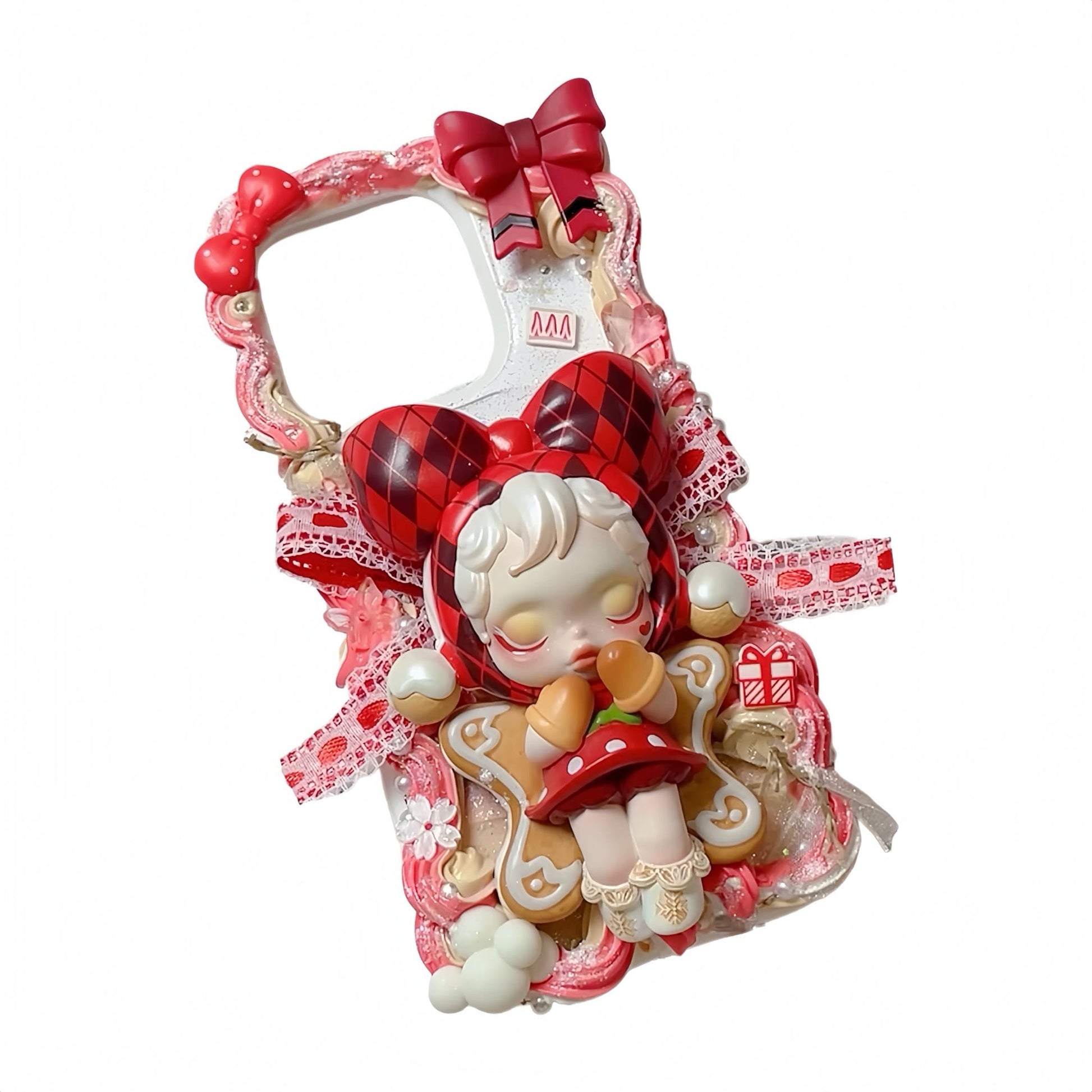 Handmade kawaii decoden phone case featuring red Skullpanda cream glue design with Y2K aesthetic elements