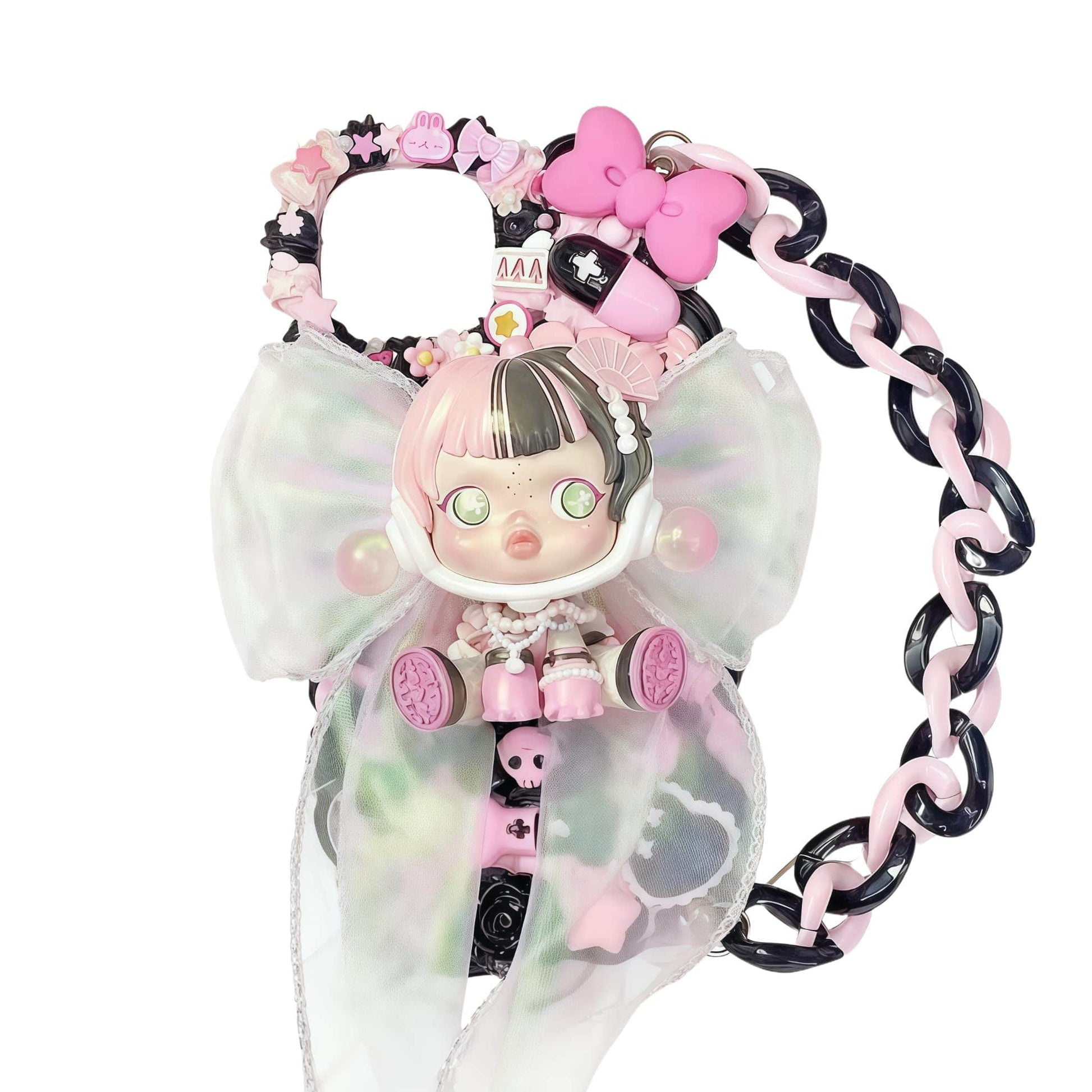Handmade decoden phone case featuring Skullpanda character with baroque-style cream glue design, pink and white kawaii decorative charms and pearls