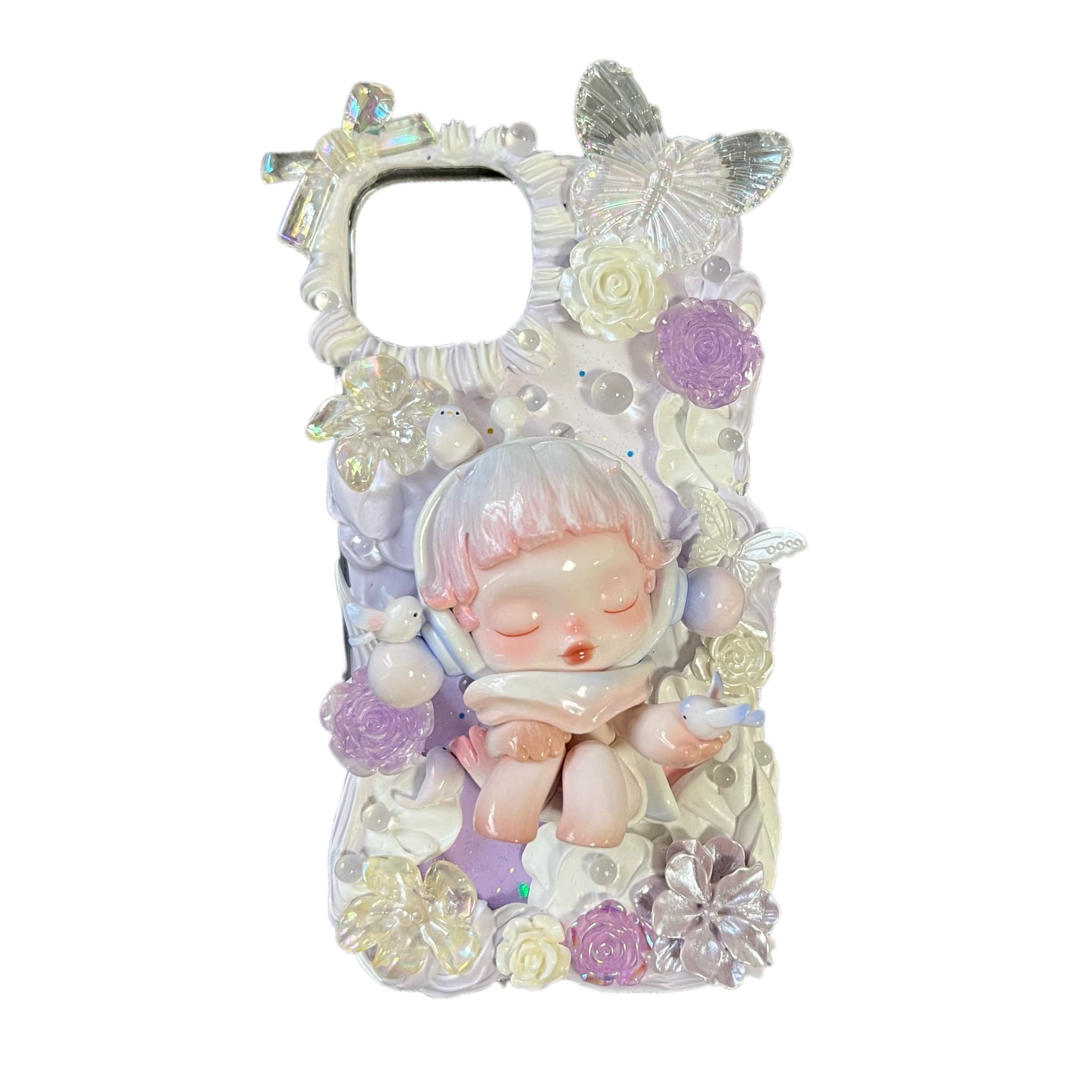 Handmade Skullpanda decoden phone case with baroque cream glue design and Y2K aesthetic charms