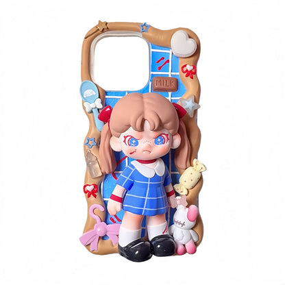 Close-up view of custom decoden phone case with Dora character, cream glue details, and Y2K aesthetic decorations