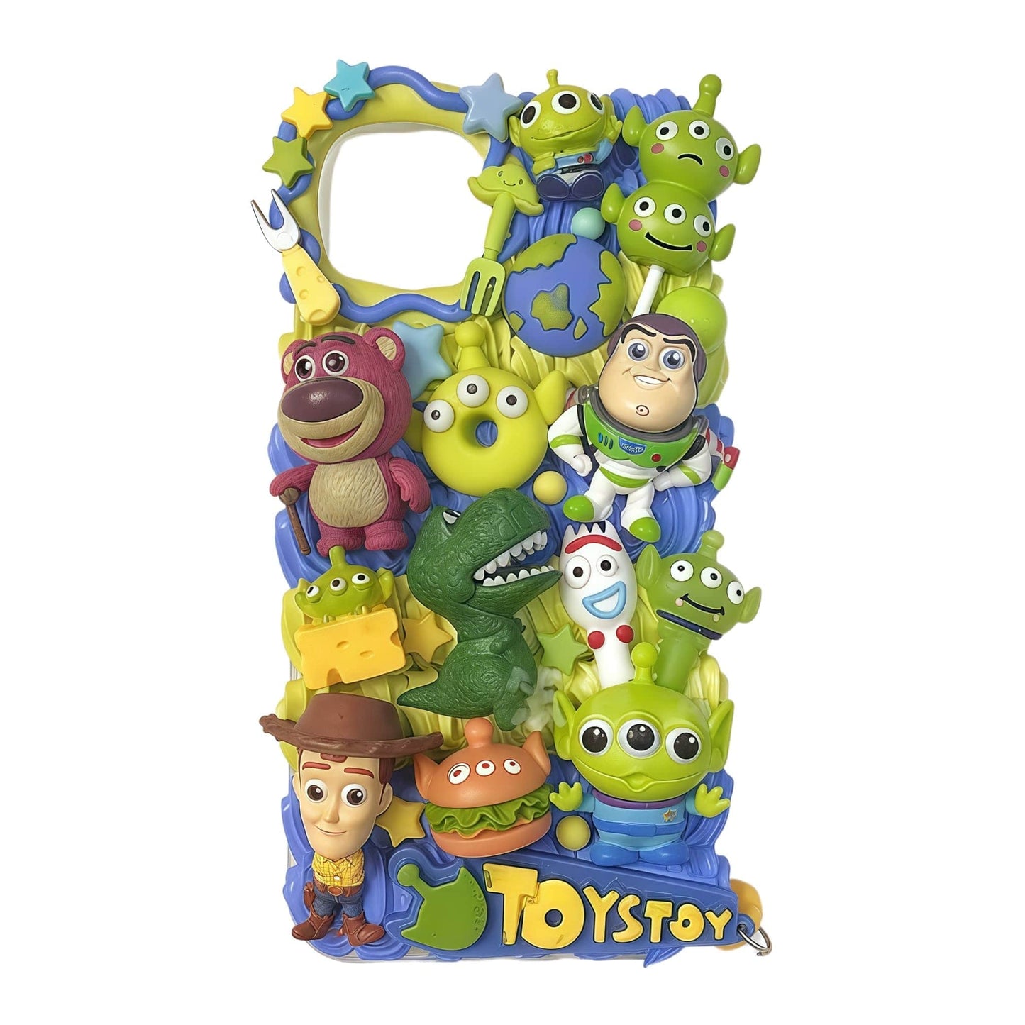 Close-up detail of handmade Toy Story decoden phone case showing 3D cream glue texture and character charms