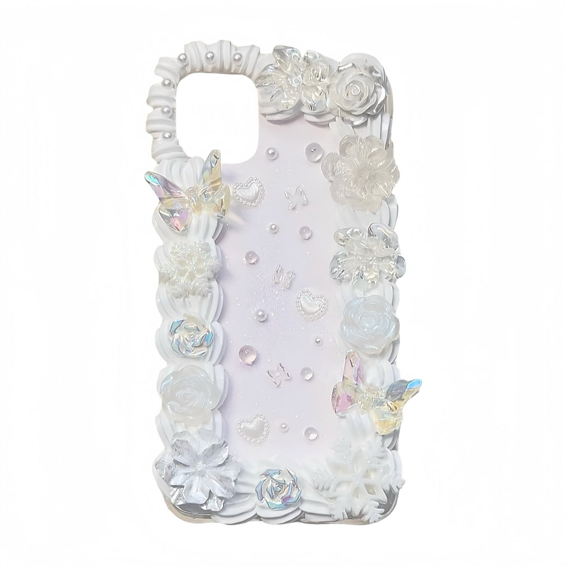 Ornate phone case featuring pink pearls and gold accents
