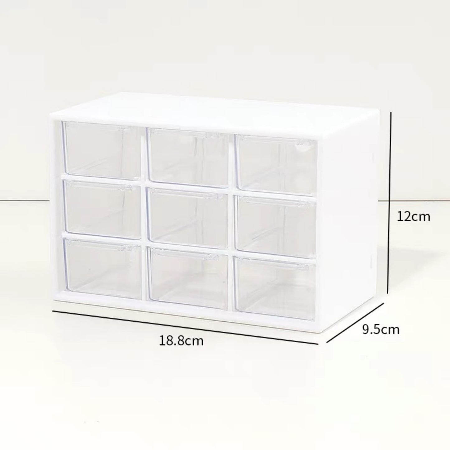 White 9-drawer organizer box with clear sliding compartments