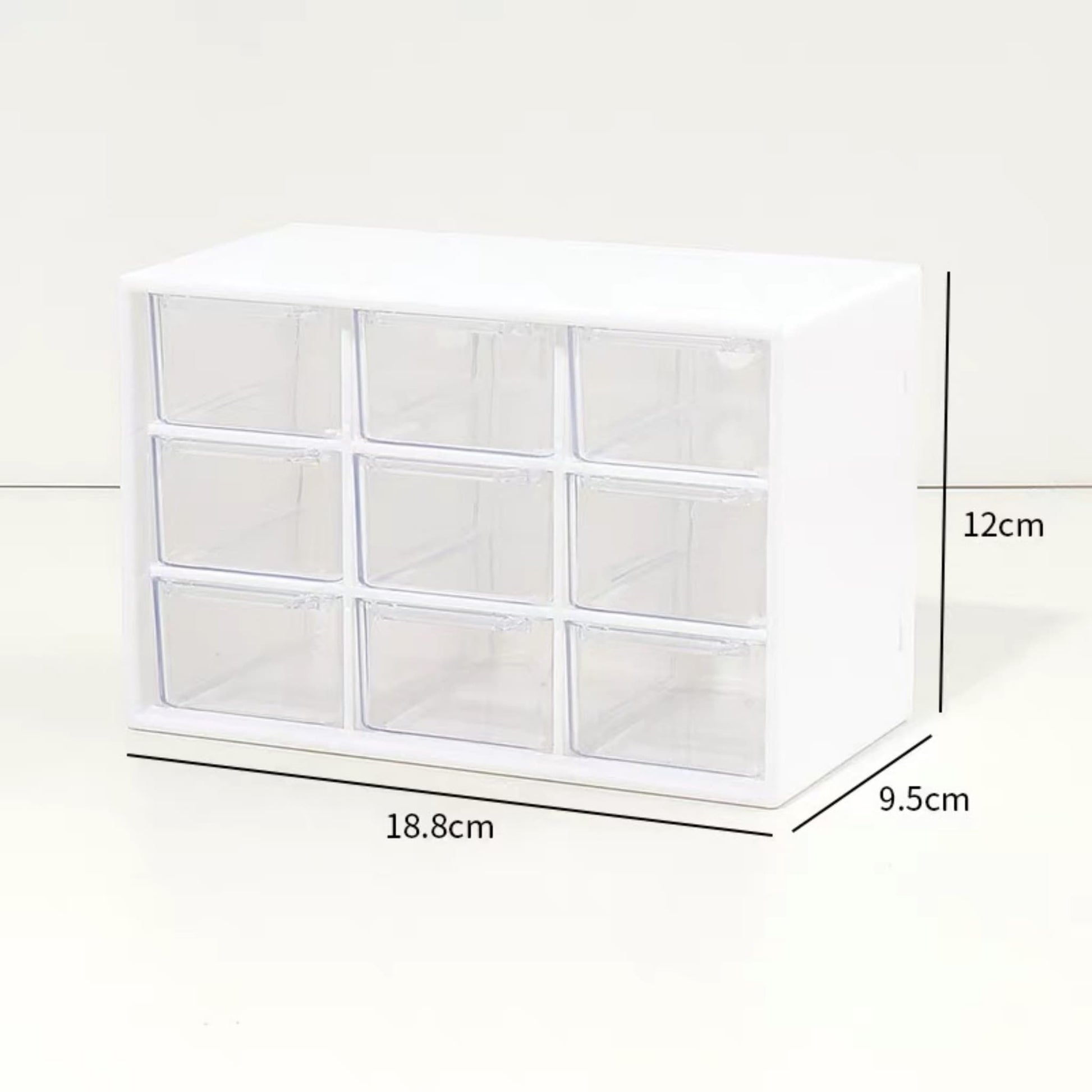 White 9-drawer organizer box with clear sliding compartments
