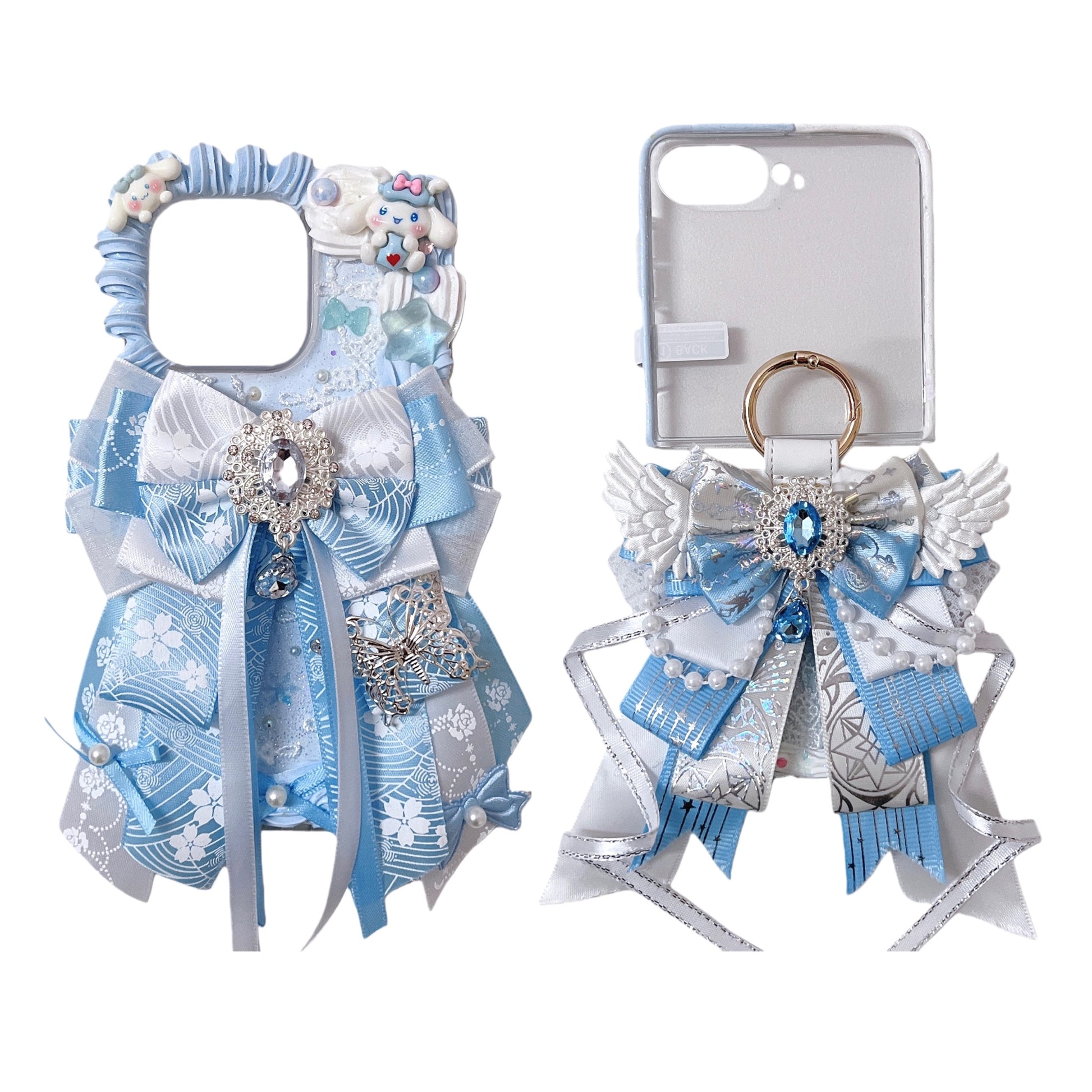 Handmade baroque Y2K decoden phone case with blue cream glue angel design and pearl embellishments