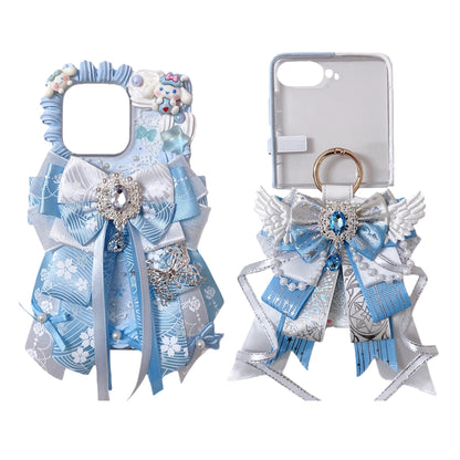 Handmade baroque Y2K decoden phone case with blue cream glue angel design and pearl embellishments